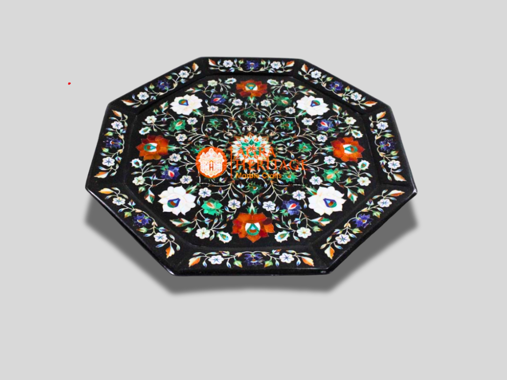 Black Marble Carnelian Floral Marquetry Art Serving Tray